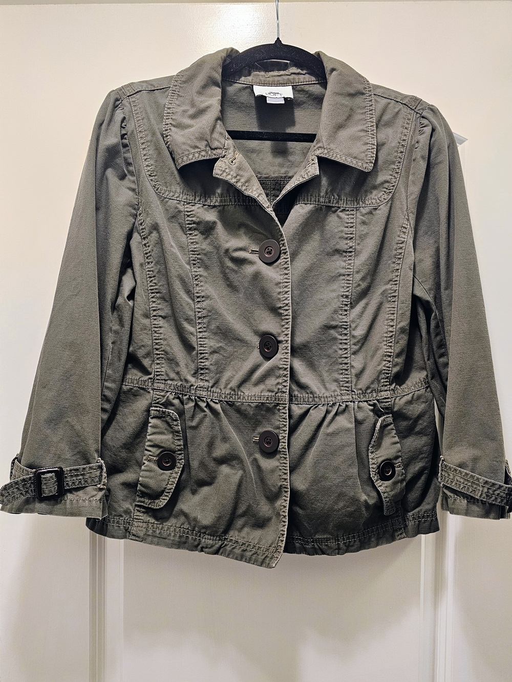 LOFT Olive Utility Jacket Peplum Waist Button Front Size L - Picture 2 of 7